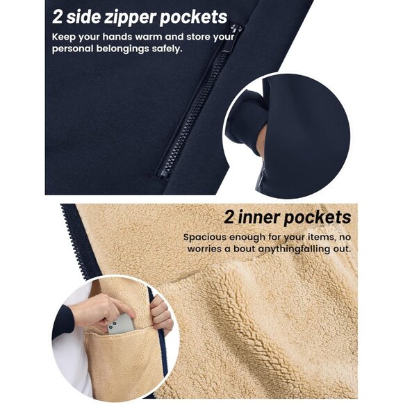 Mens Winter Hoodie Full Zip Fleece Sherpa Lined Warm Navy Casual Sweatshirt - Picture 6 of 6